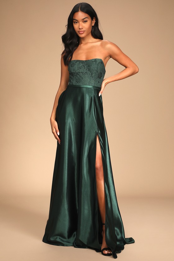 Emerald Lace Dress - Green Satin Dress ...